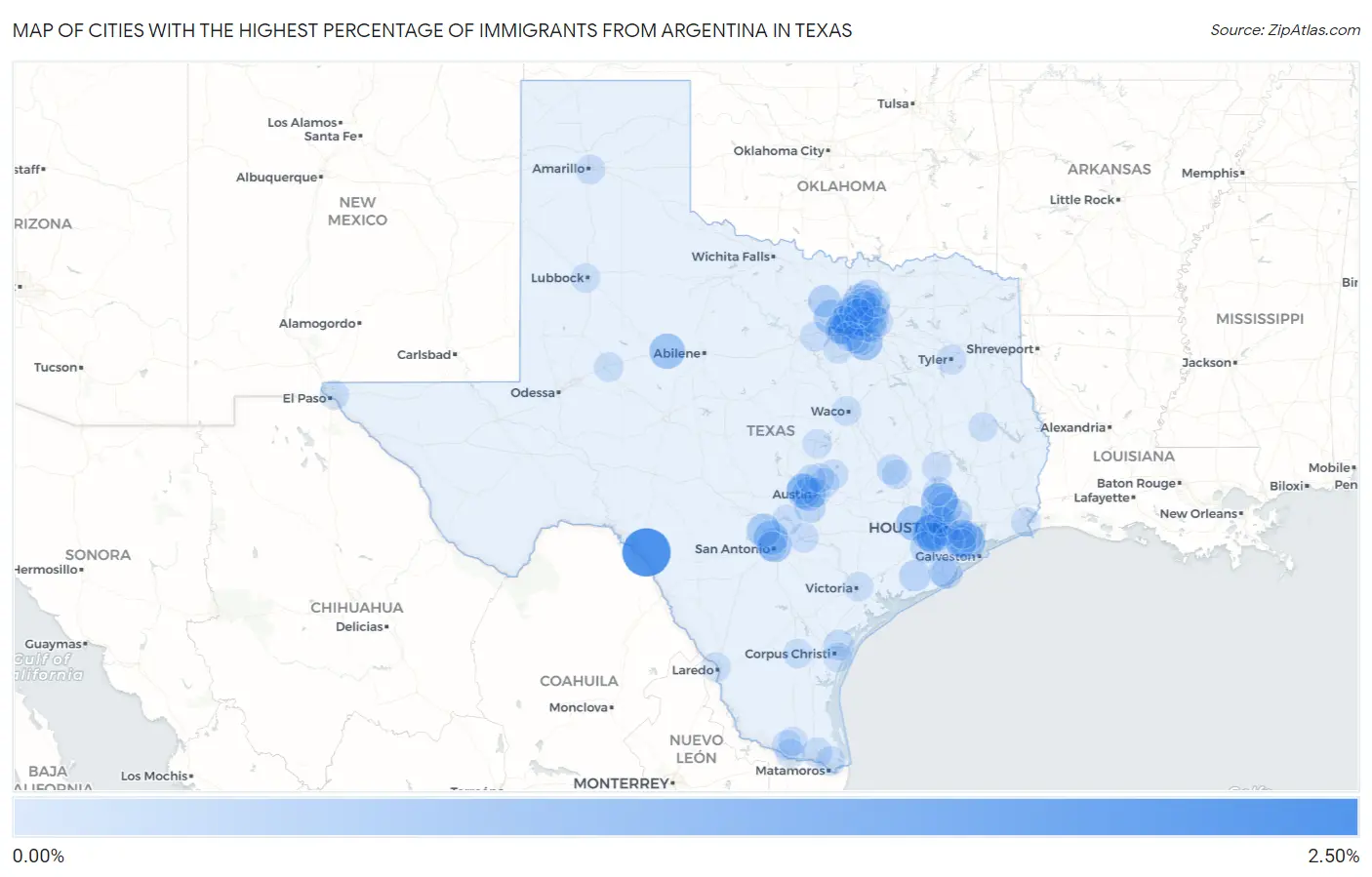 Cities with the Highest Percentage of Immigrants from Argentina in Texas Map