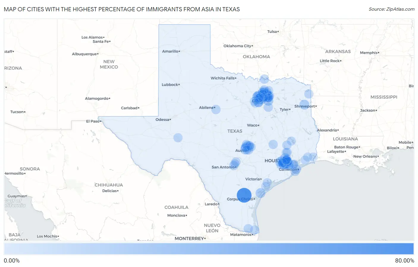 Cities with the Highest Percentage of Immigrants from Asia in Texas Map