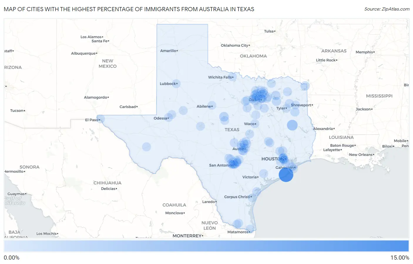 Cities with the Highest Percentage of Immigrants from Australia in Texas Map
