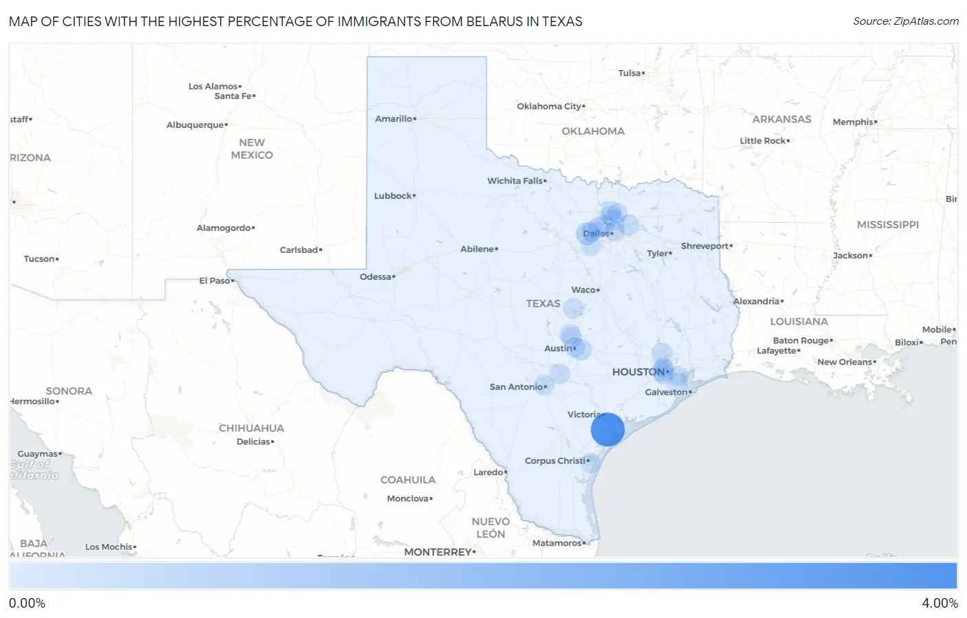Cities with the Highest Percentage of Immigrants from Belarus in Texas Map