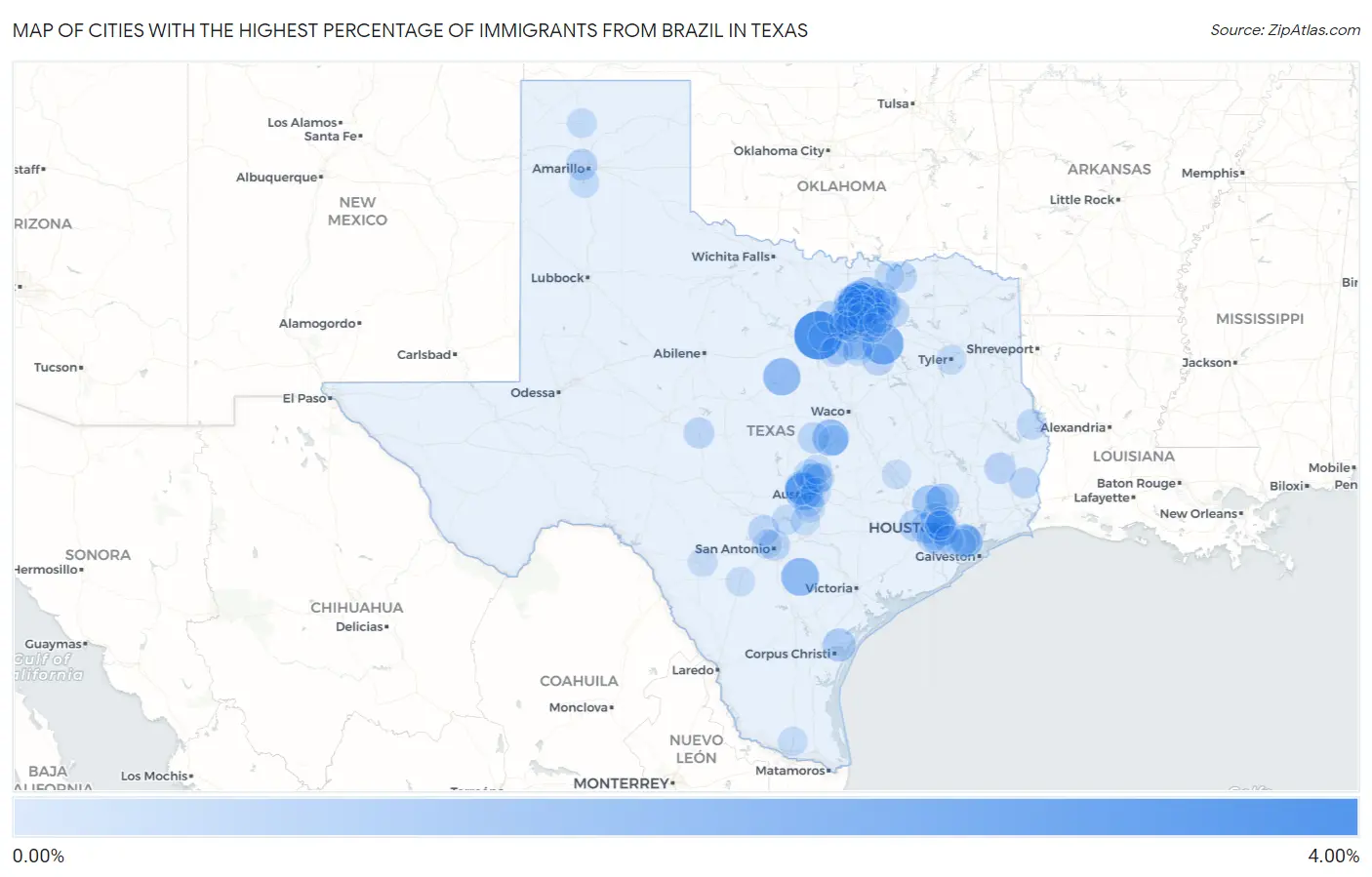Cities with the Highest Percentage of Immigrants from Brazil in Texas Map