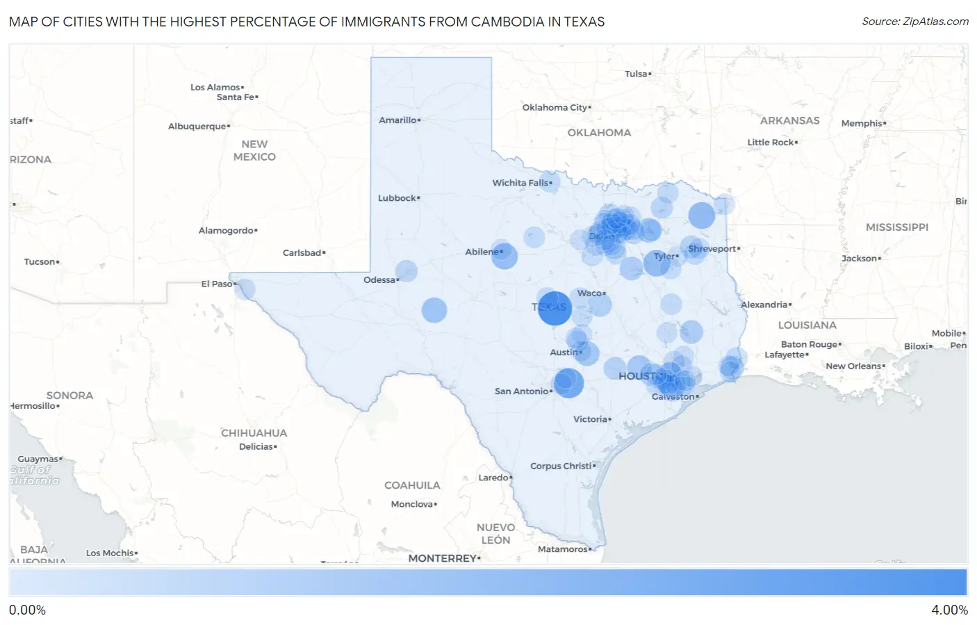 Cities with the Highest Percentage of Immigrants from Cambodia in Texas Map