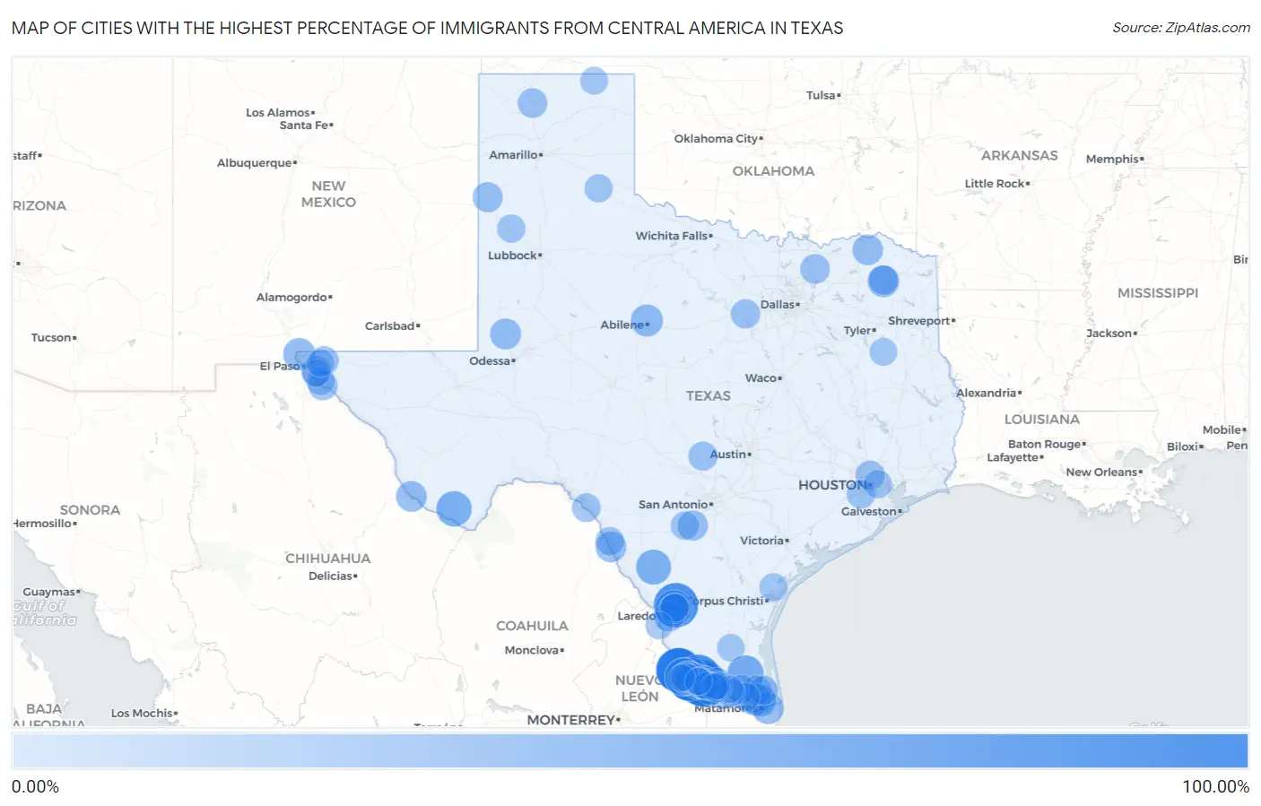 Cities with the Highest Percentage of Immigrants from Central America in Texas Map