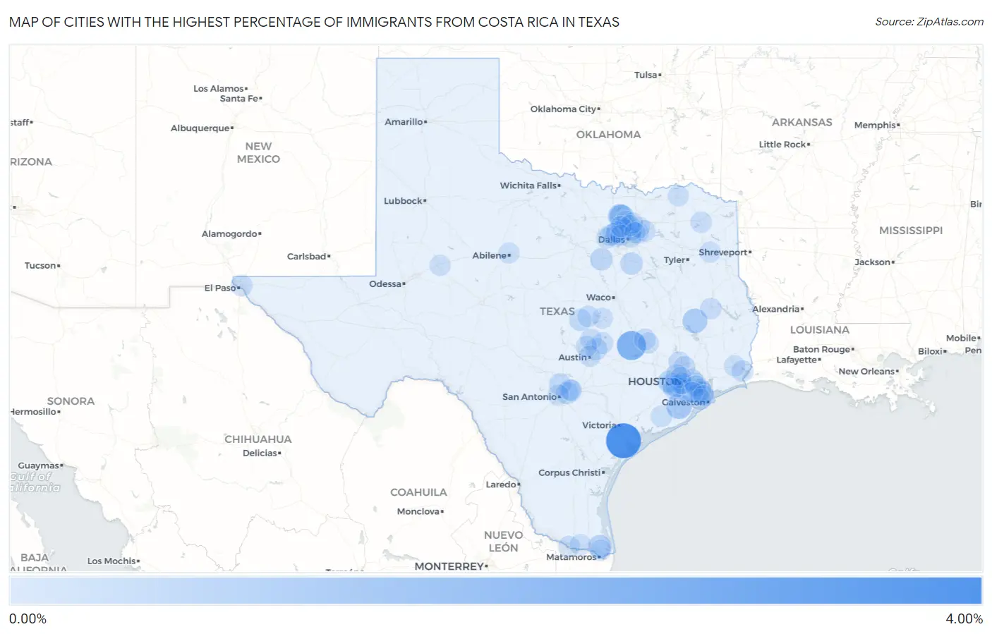Cities with the Highest Percentage of Immigrants from Costa Rica in Texas Map
