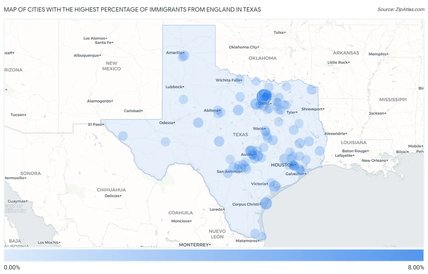 Cities with the Highest Percentage of Immigrants from England in Texas Map