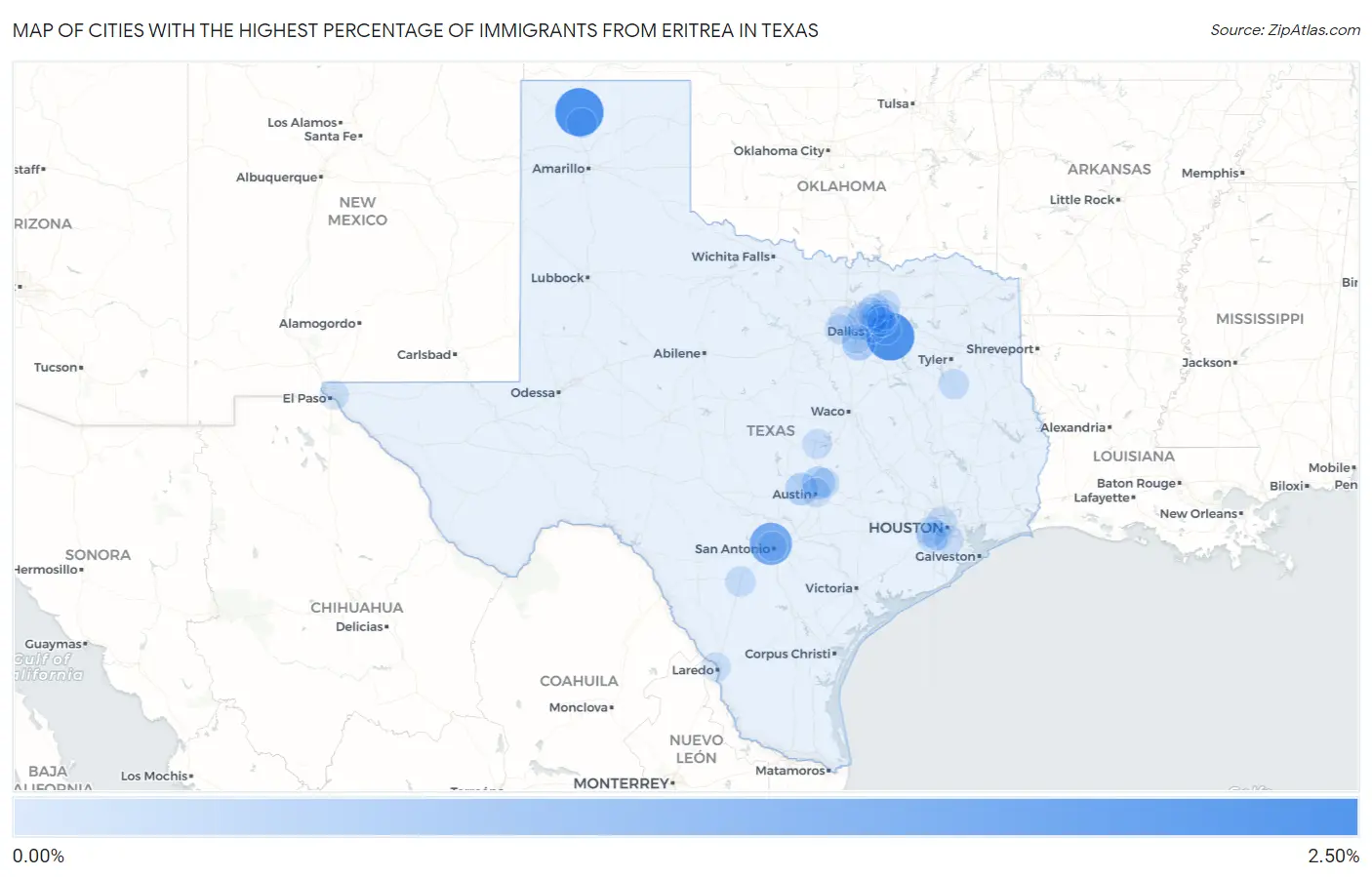 Cities with the Highest Percentage of Immigrants from Eritrea in Texas Map