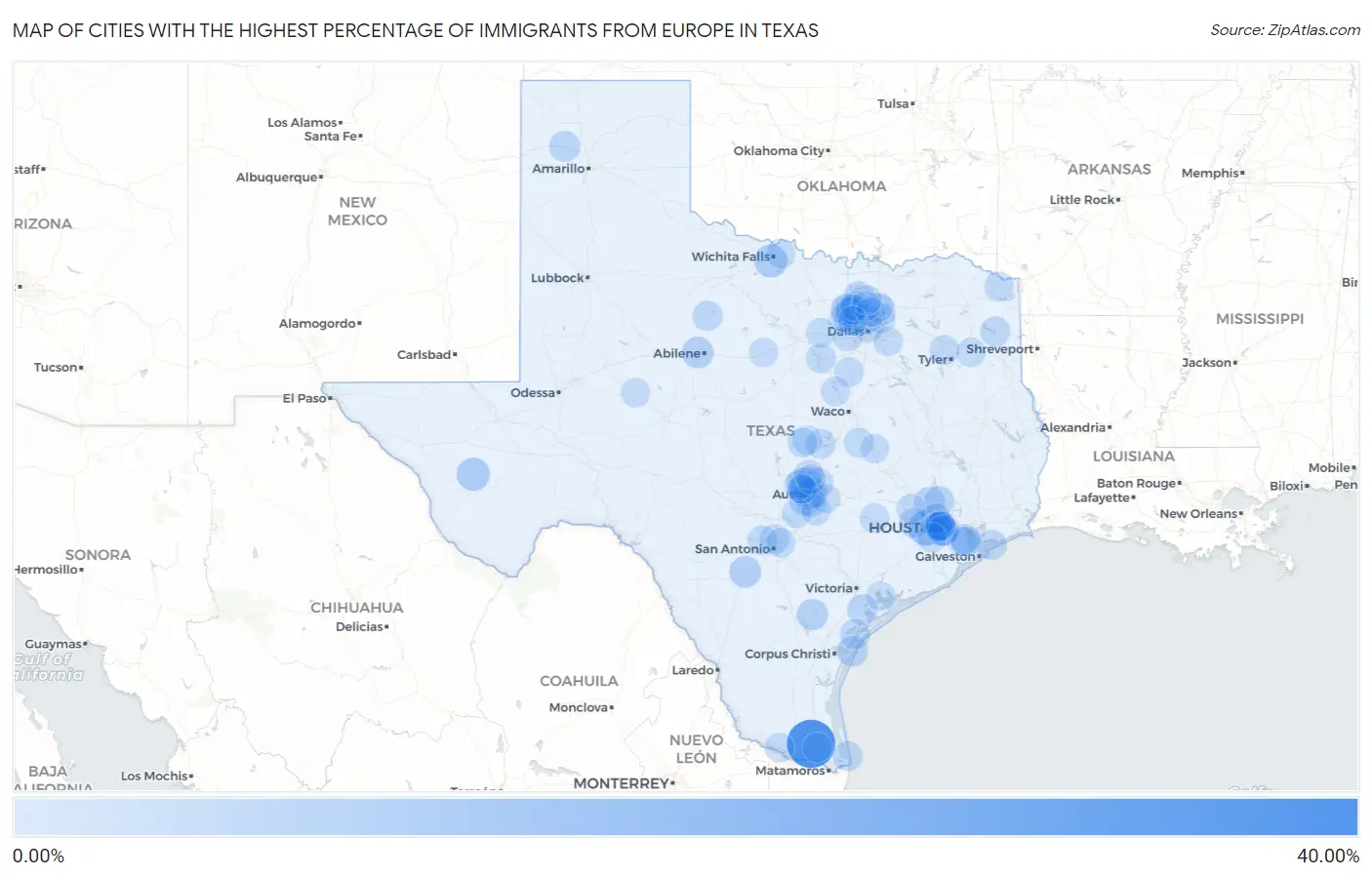 Cities with the Highest Percentage of Immigrants from Europe in Texas Map