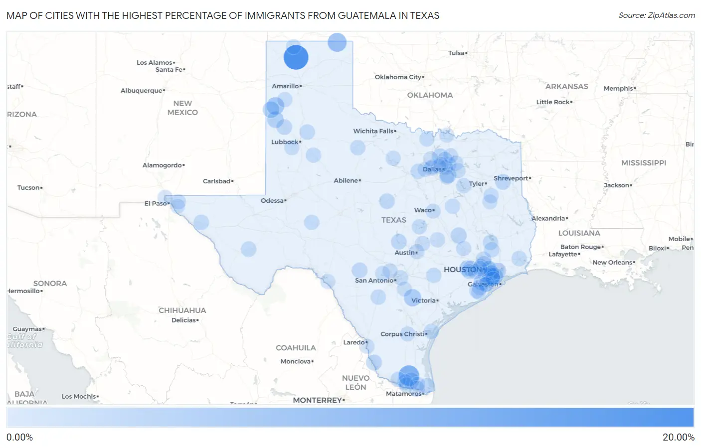 Cities with the Highest Percentage of Immigrants from Guatemala in Texas Map