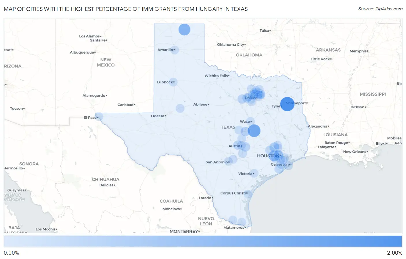 Cities with the Highest Percentage of Immigrants from Hungary in Texas Map