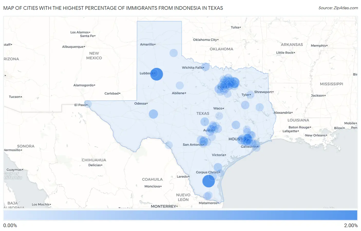 Cities with the Highest Percentage of Immigrants from Indonesia in Texas Map
