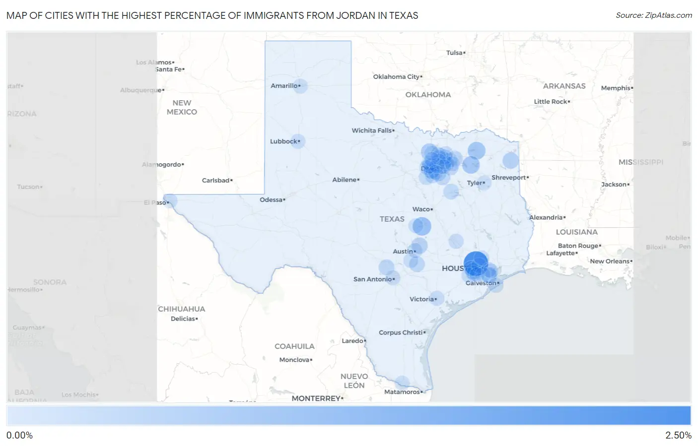 Cities with the Highest Percentage of Immigrants from Jordan in Texas Map