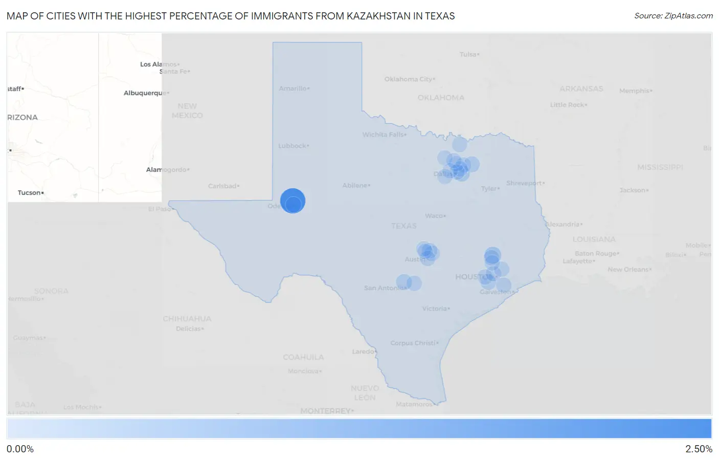 Cities with the Highest Percentage of Immigrants from Kazakhstan in Texas Map