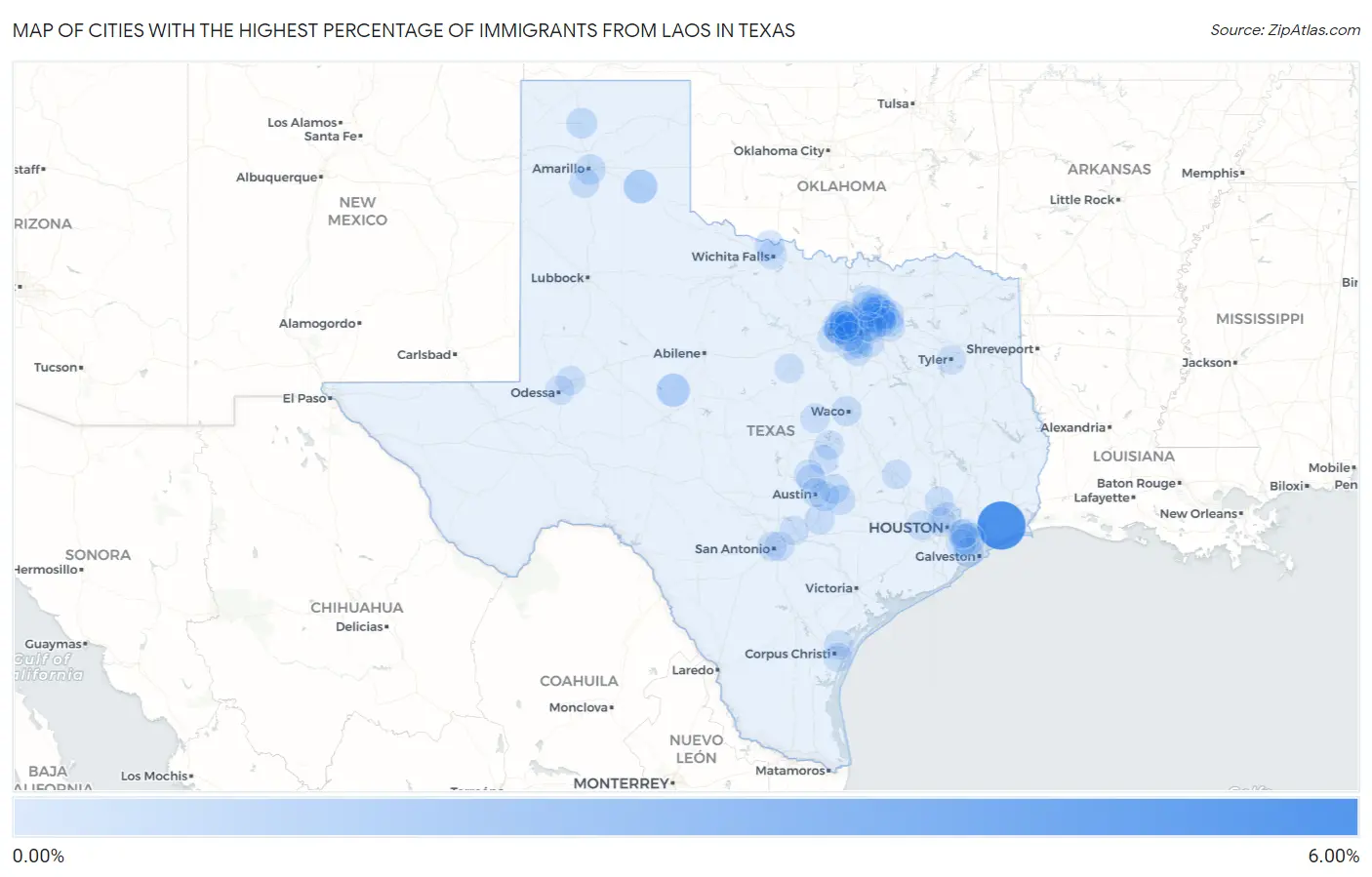 Cities with the Highest Percentage of Immigrants from Laos in Texas Map