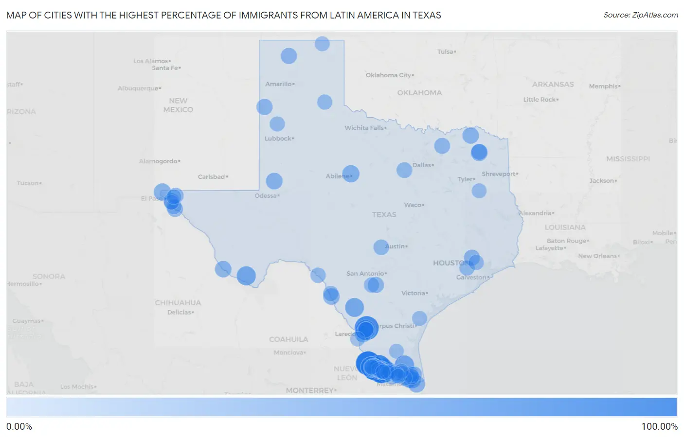 Cities with the Highest Percentage of Immigrants from Latin America in Texas Map