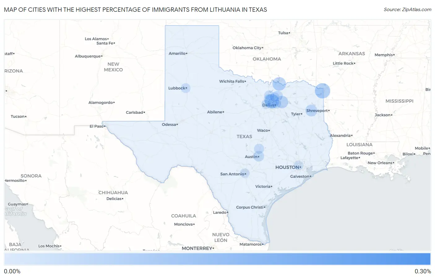 Cities with the Highest Percentage of Immigrants from Lithuania in Texas Map