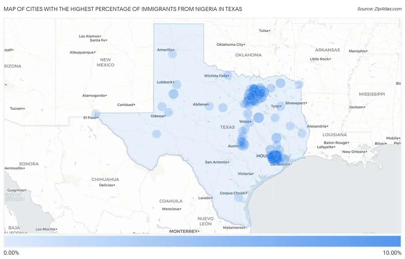Cities with the Highest Percentage of Immigrants from Nigeria in Texas Map