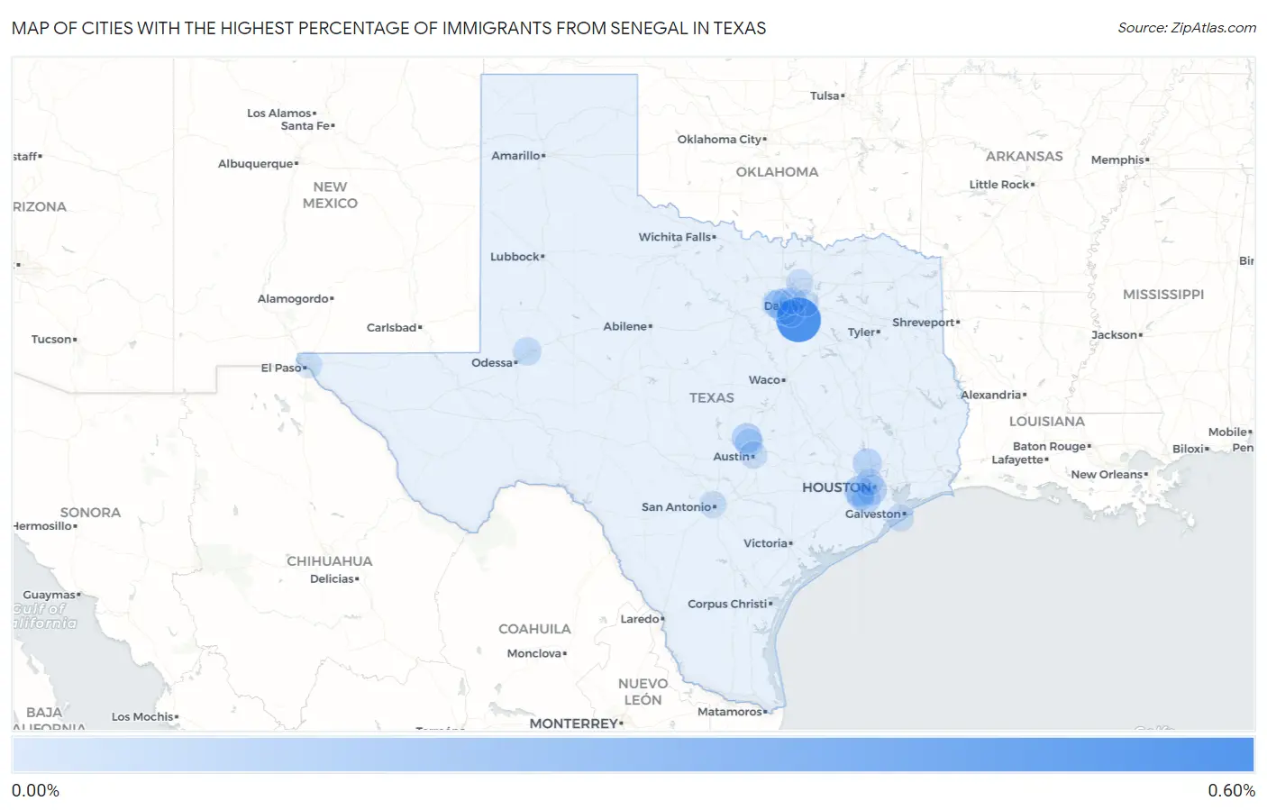 Cities with the Highest Percentage of Immigrants from Senegal in Texas Map