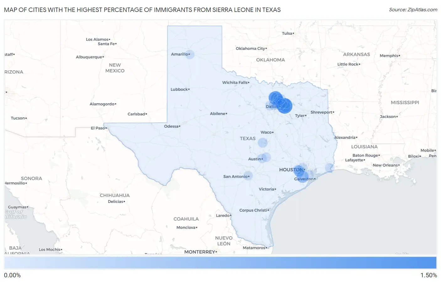 Cities with the Highest Percentage of Immigrants from Sierra Leone in Texas Map