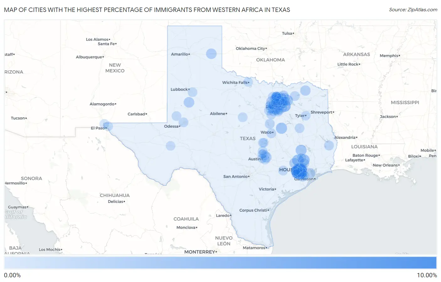 Cities with the Highest Percentage of Immigrants from Western Africa in Texas Map