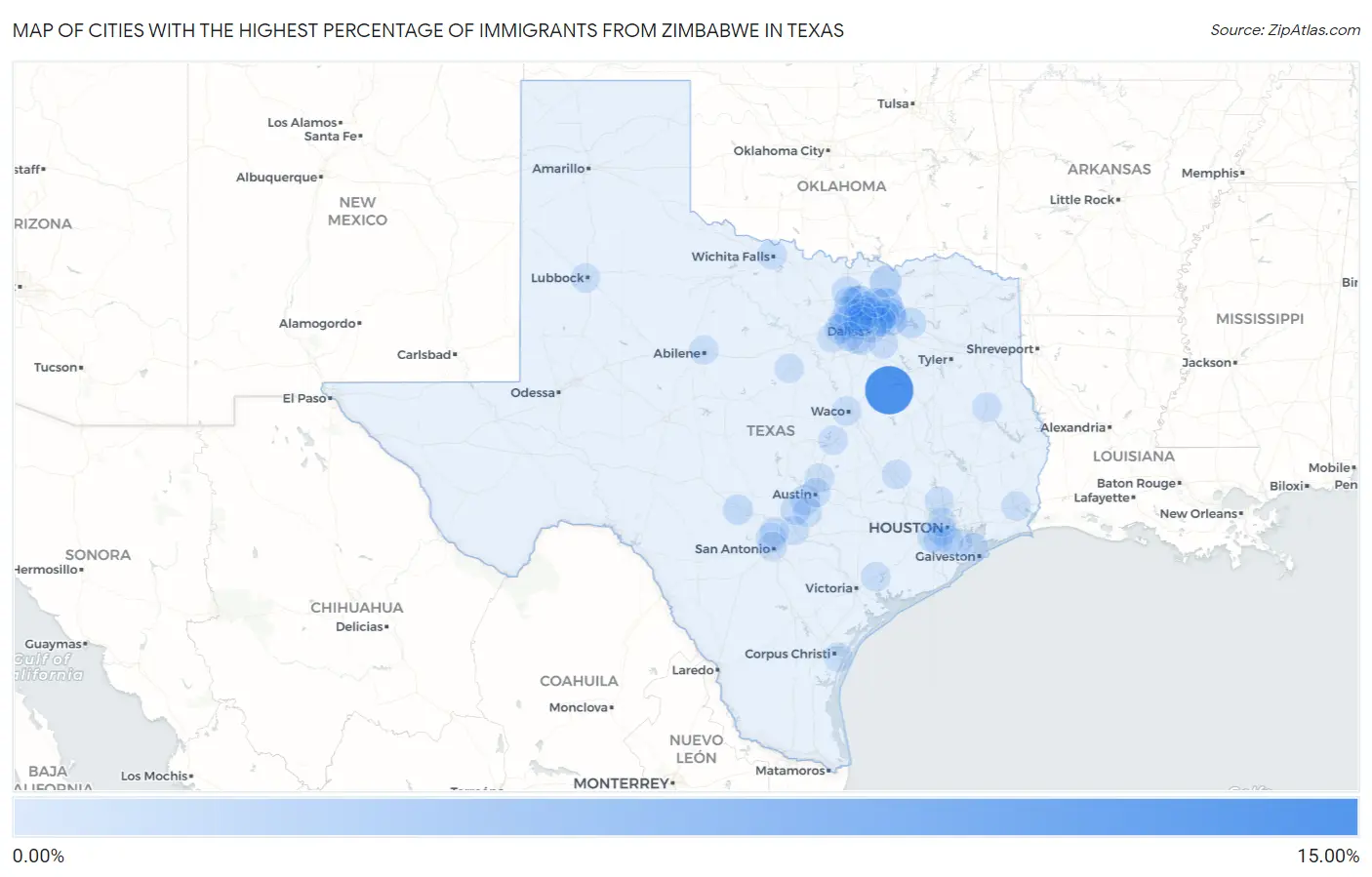 Cities with the Highest Percentage of Immigrants from Zimbabwe in Texas Map