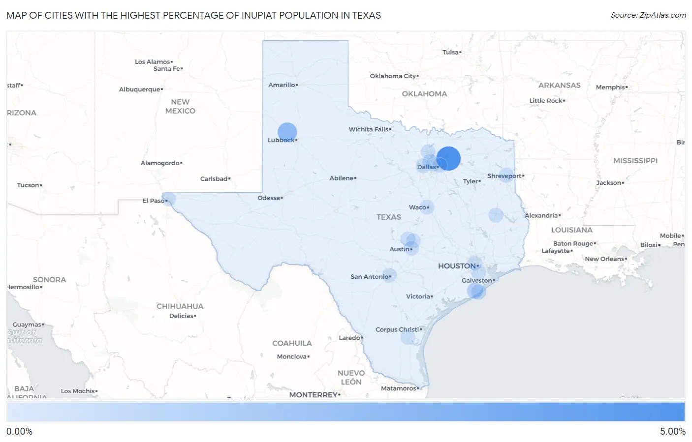 Cities with the Highest Percentage of Inupiat Population in Texas Map