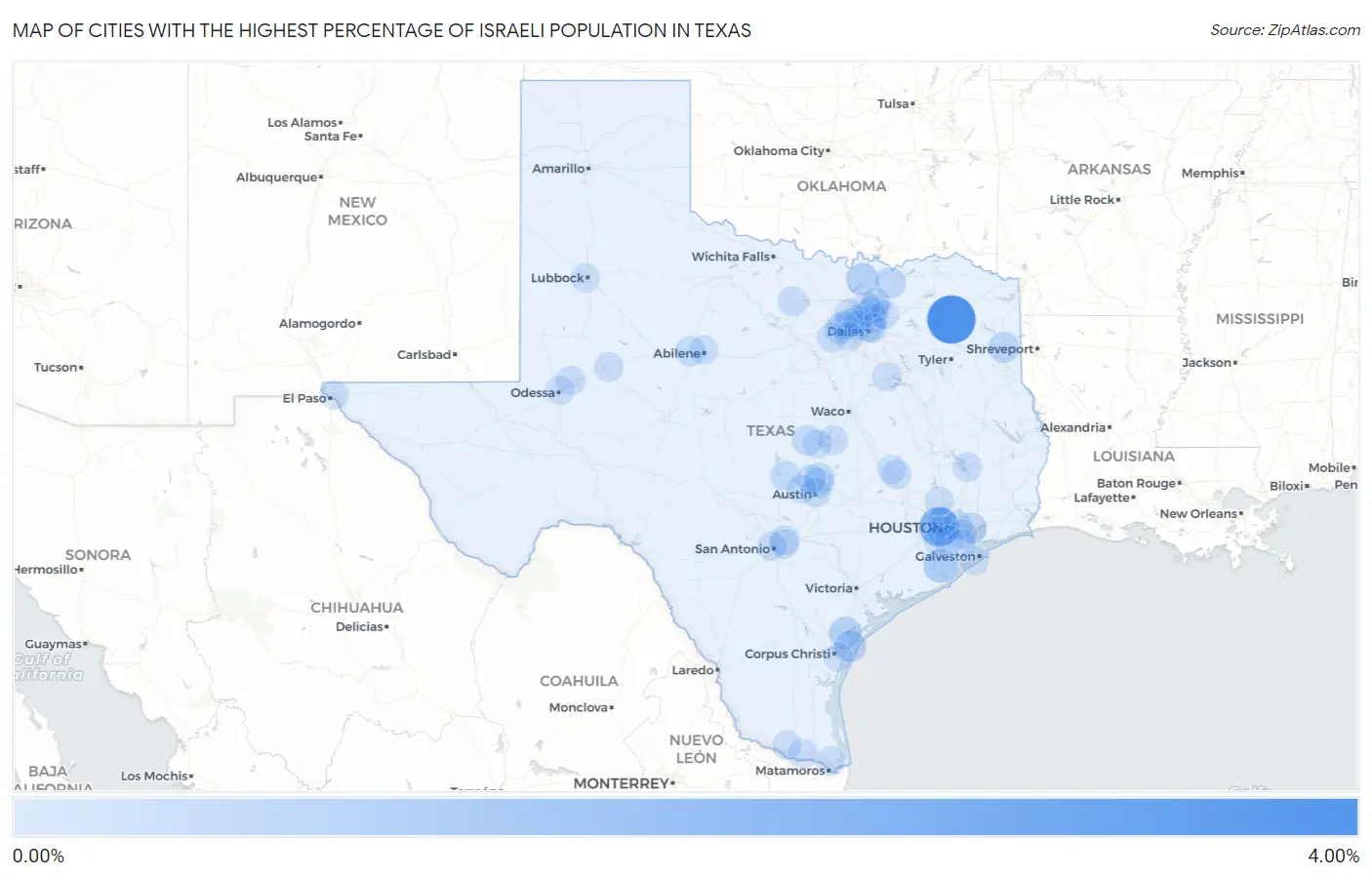 Cities with the Highest Percentage of Israeli Population in Texas Map