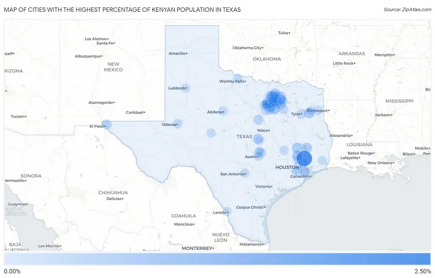 Cities with the Highest Percentage of Kenyan Population in Texas Map