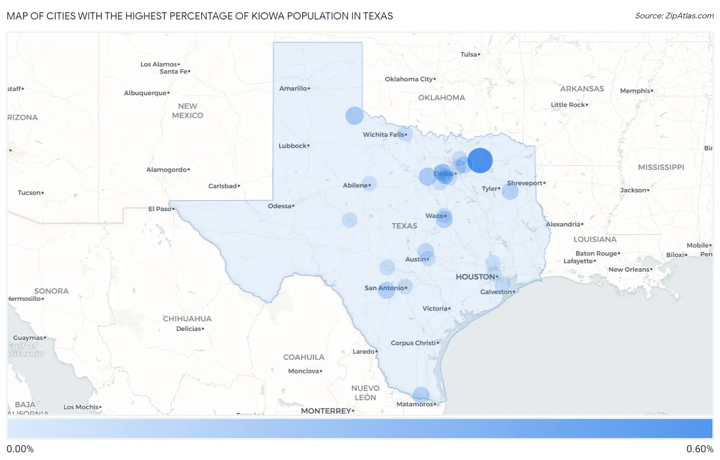 Cities with the Highest Percentage of Kiowa Population in Texas Map
