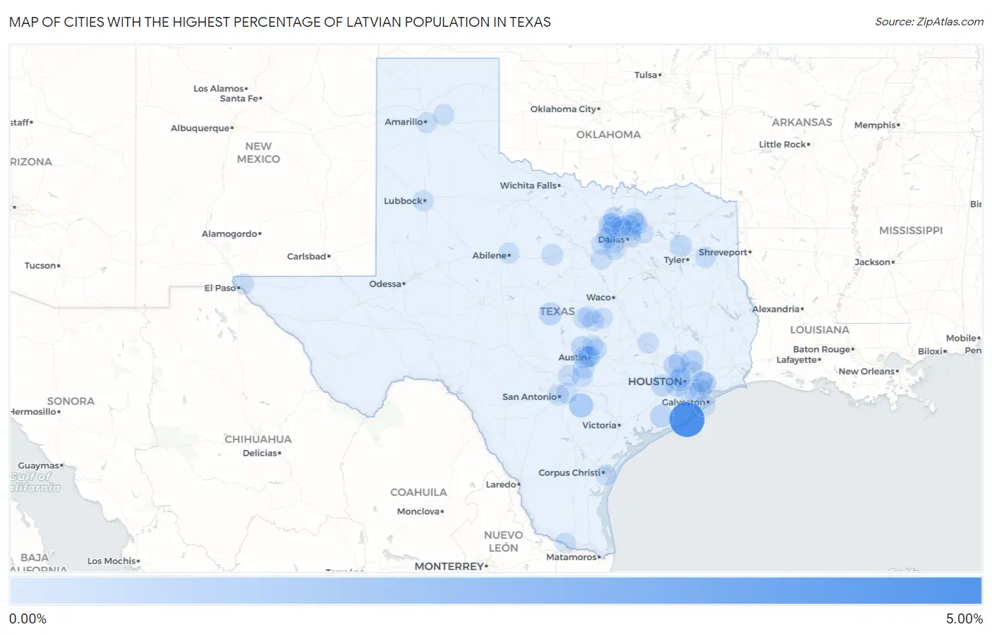 Cities with the Highest Percentage of Latvian Population in Texas Map