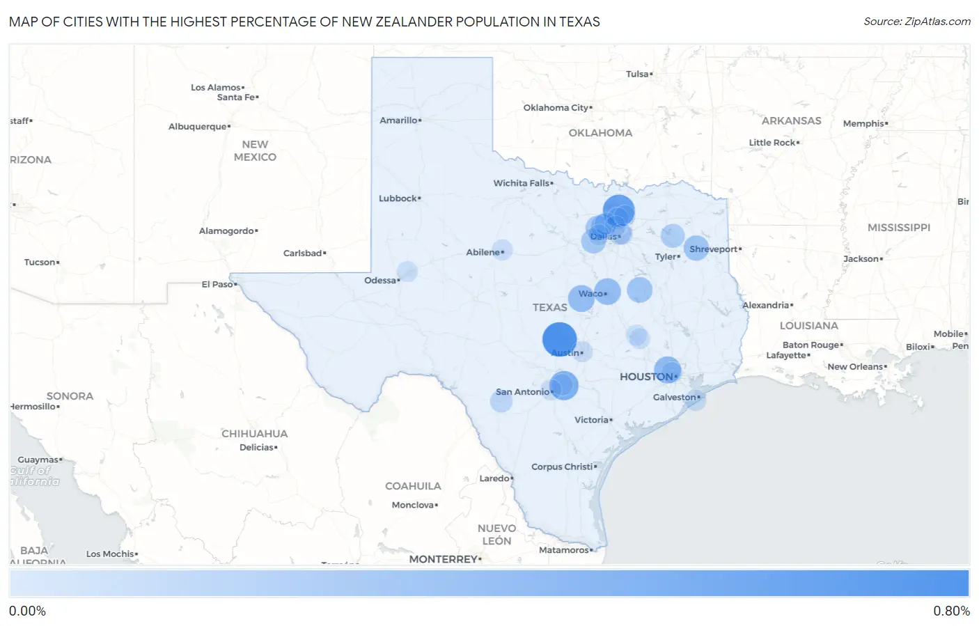 Cities with the Highest Percentage of New Zealander Population in Texas Map