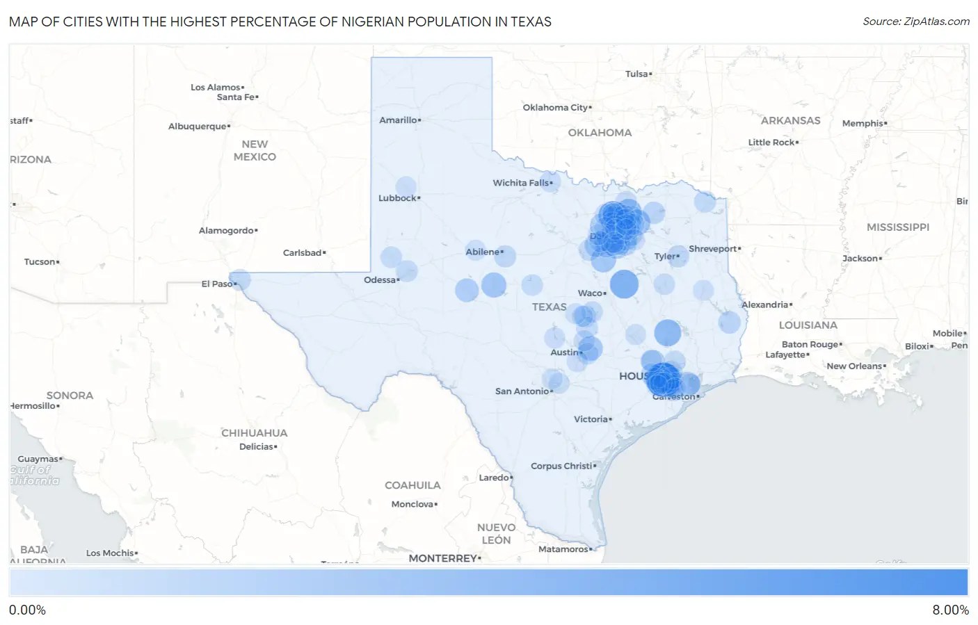 Cities with the Highest Percentage of Nigerian Population in Texas Map