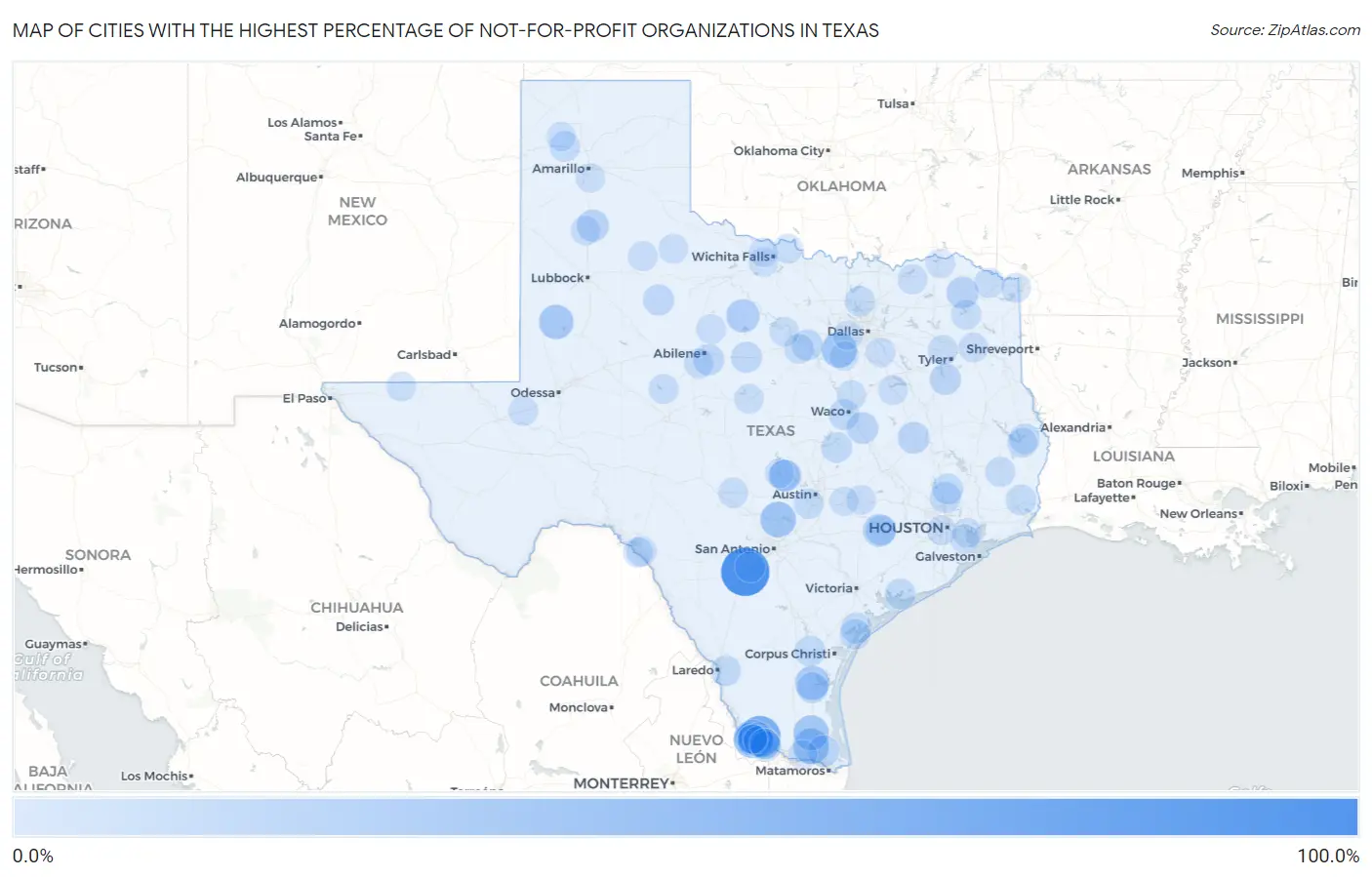 Cities with the Highest Percentage of Not-for-profit Organizations in Texas Map