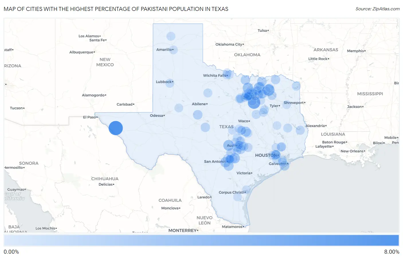 Cities with the Highest Percentage of Pakistani Population in Texas Map