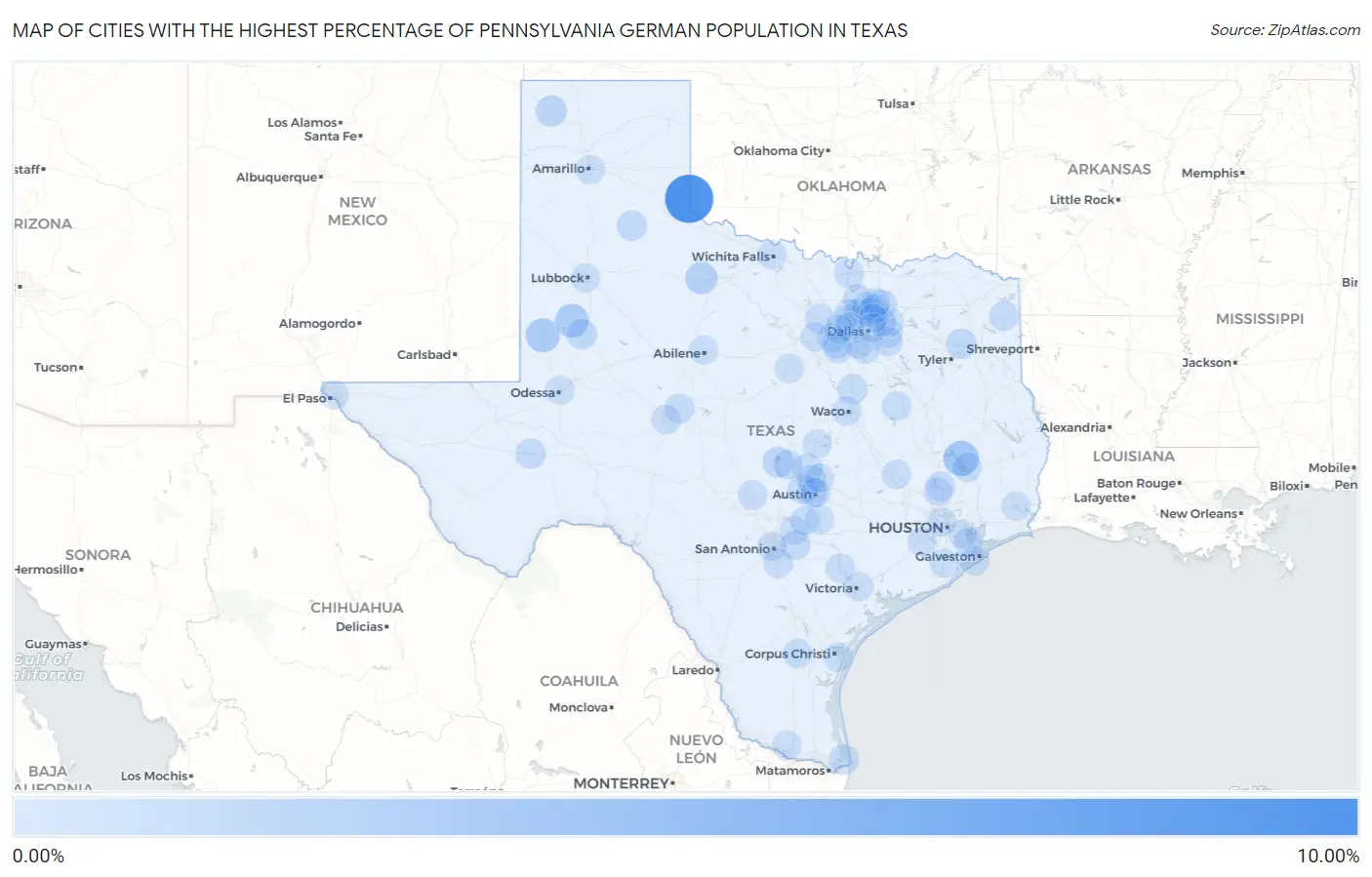 Cities with the Highest Percentage of Pennsylvania German Population in Texas Map