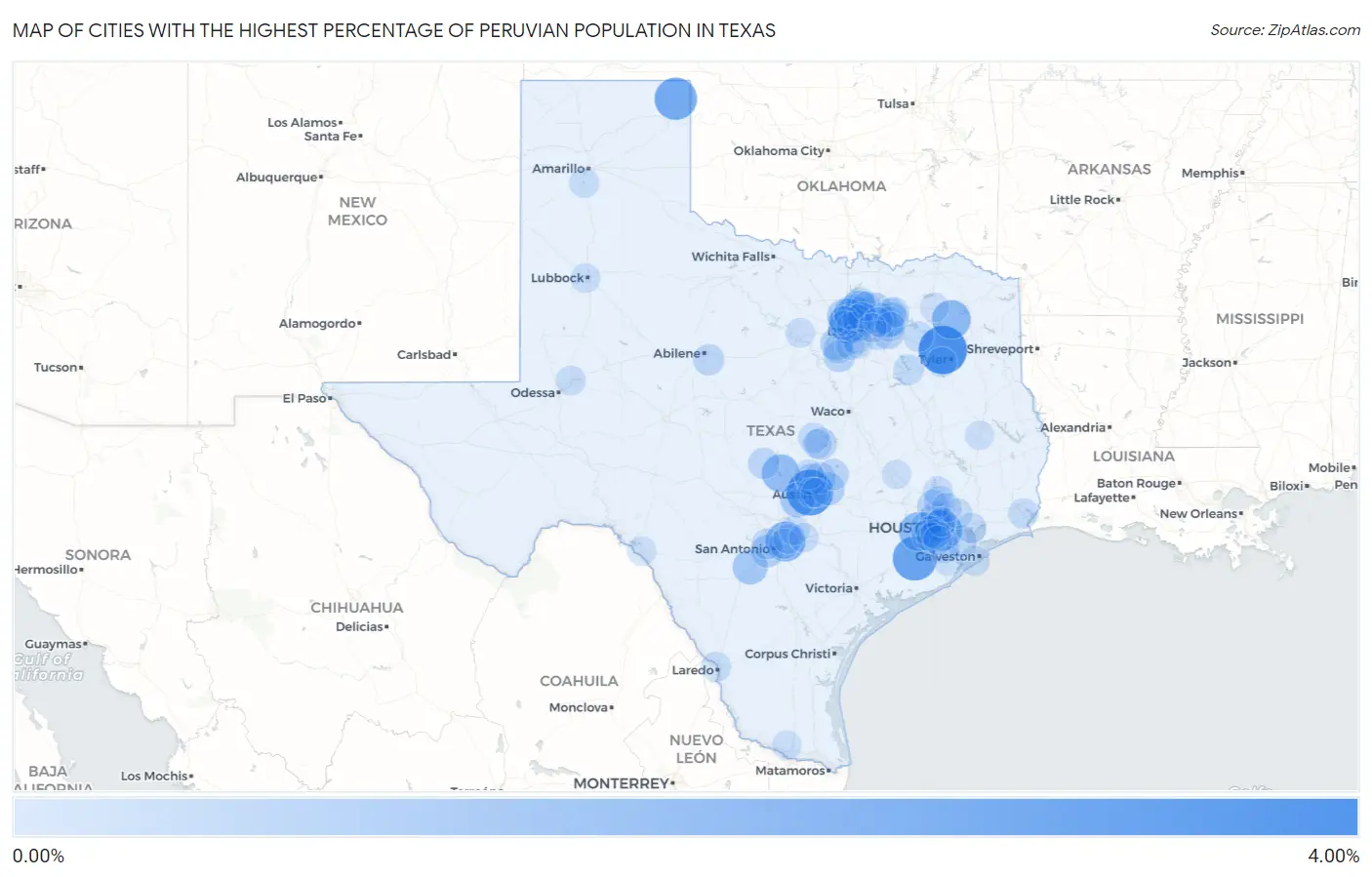 Cities with the Highest Percentage of Peruvian Population in Texas Map