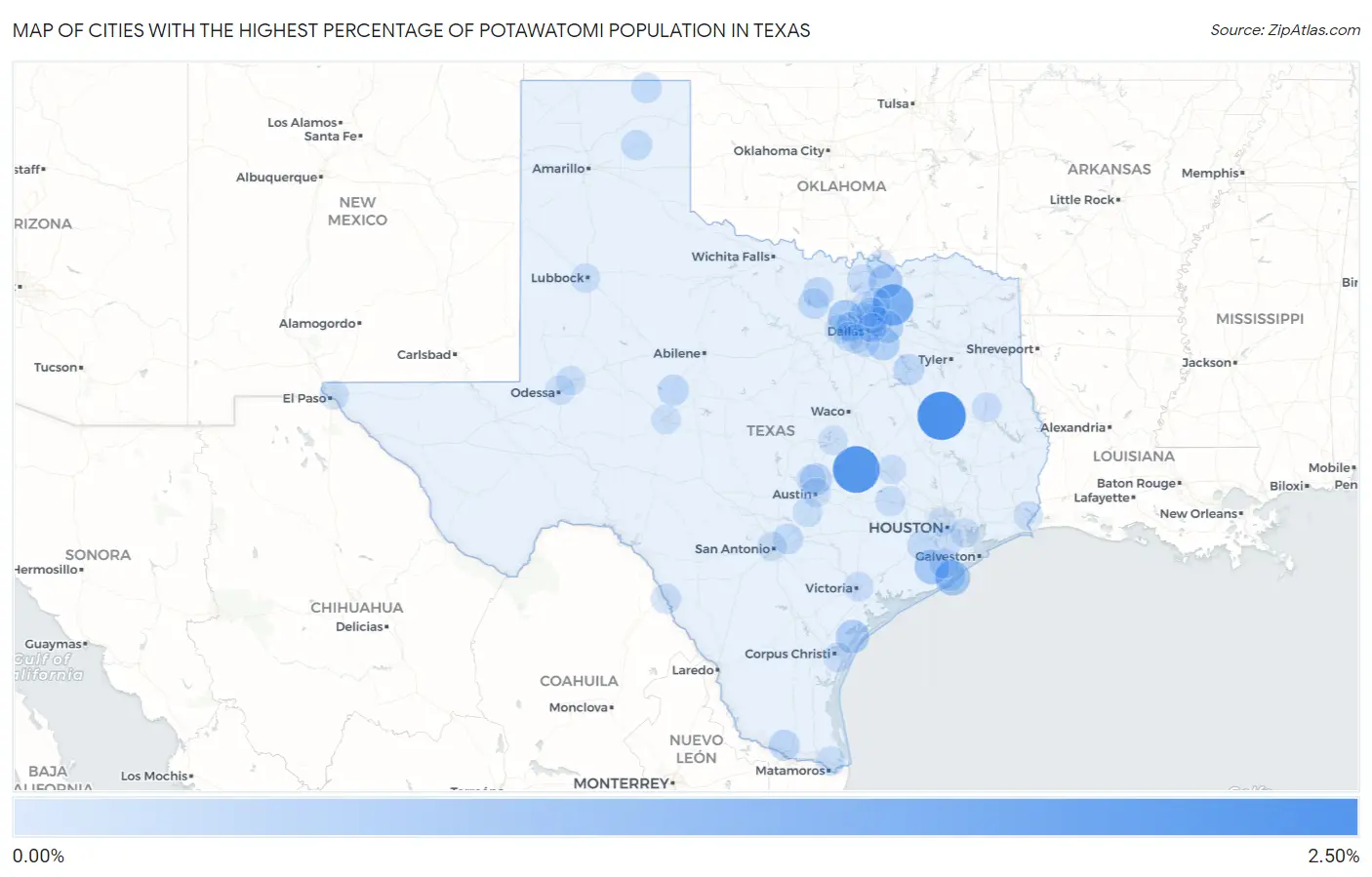Cities with the Highest Percentage of Potawatomi Population in Texas Map