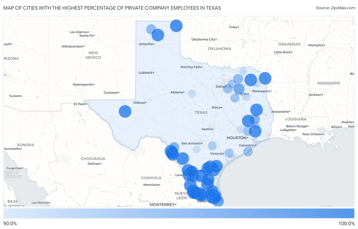 Cities with the Highest Percentage of Private Company Employees in Texas Map