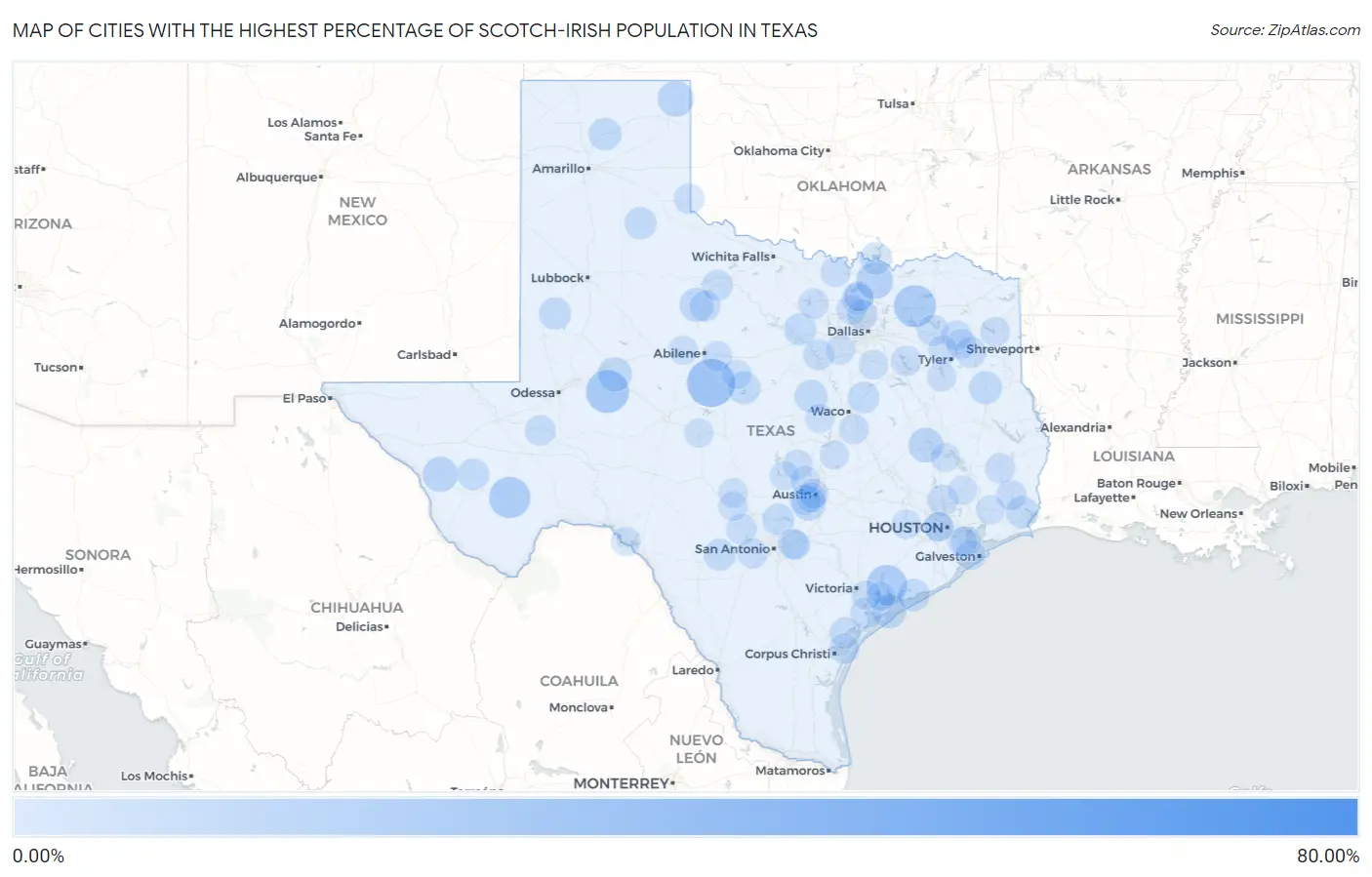 Cities with the Highest Percentage of Scotch-Irish Population in Texas Map