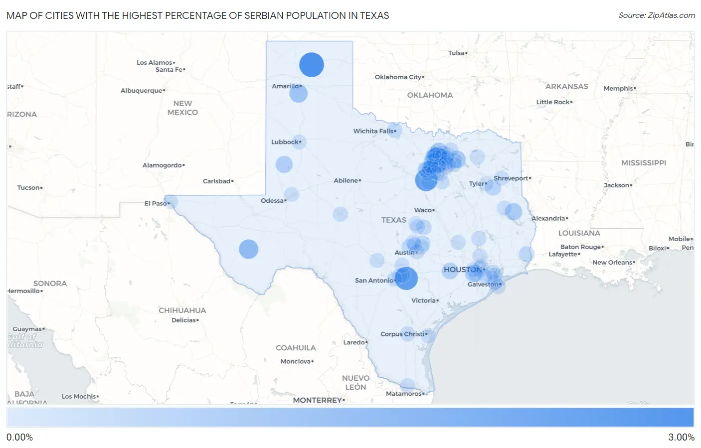 Cities with the Highest Percentage of Serbian Population in Texas Map