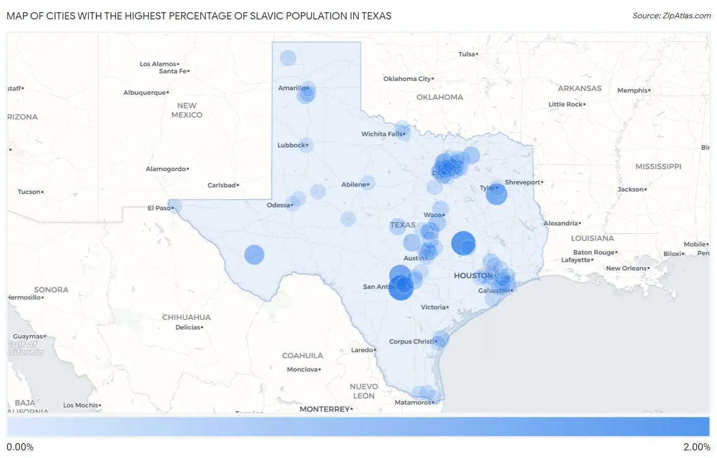 Cities with the Highest Percentage of Slavic Population in Texas Map