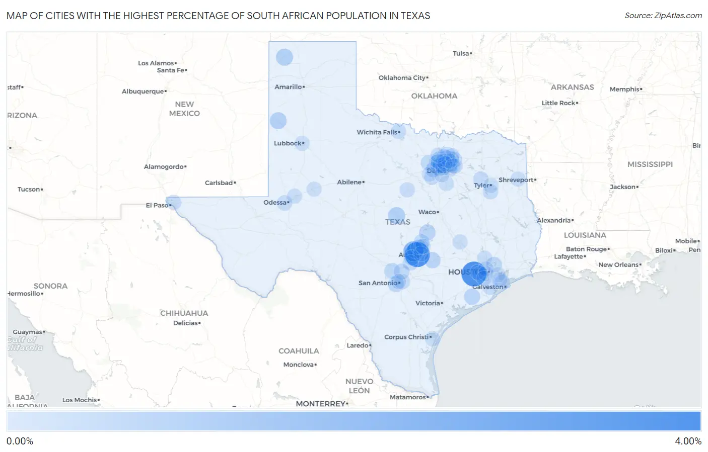 Cities with the Highest Percentage of South African Population in Texas Map