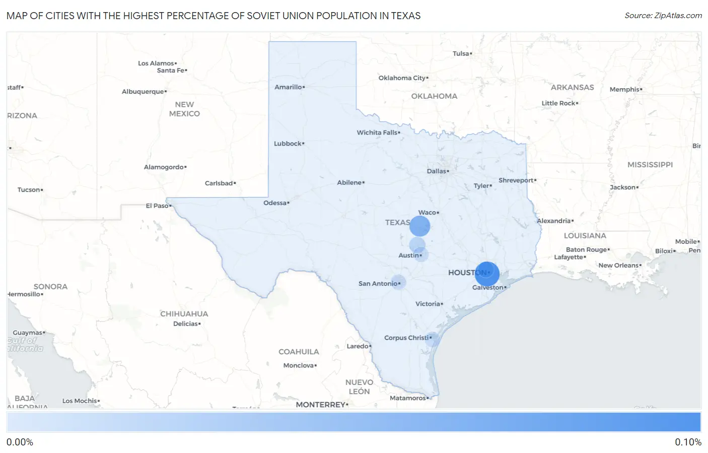 Cities with the Highest Percentage of Soviet Union Population in Texas Map