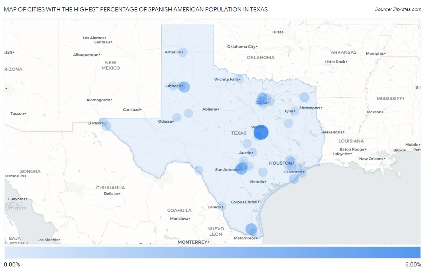 Cities with the Highest Percentage of Spanish American Population in Texas Map