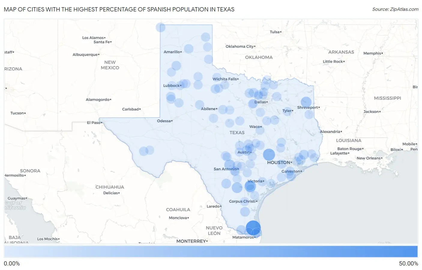 Cities with the Highest Percentage of Spanish Population in Texas Map