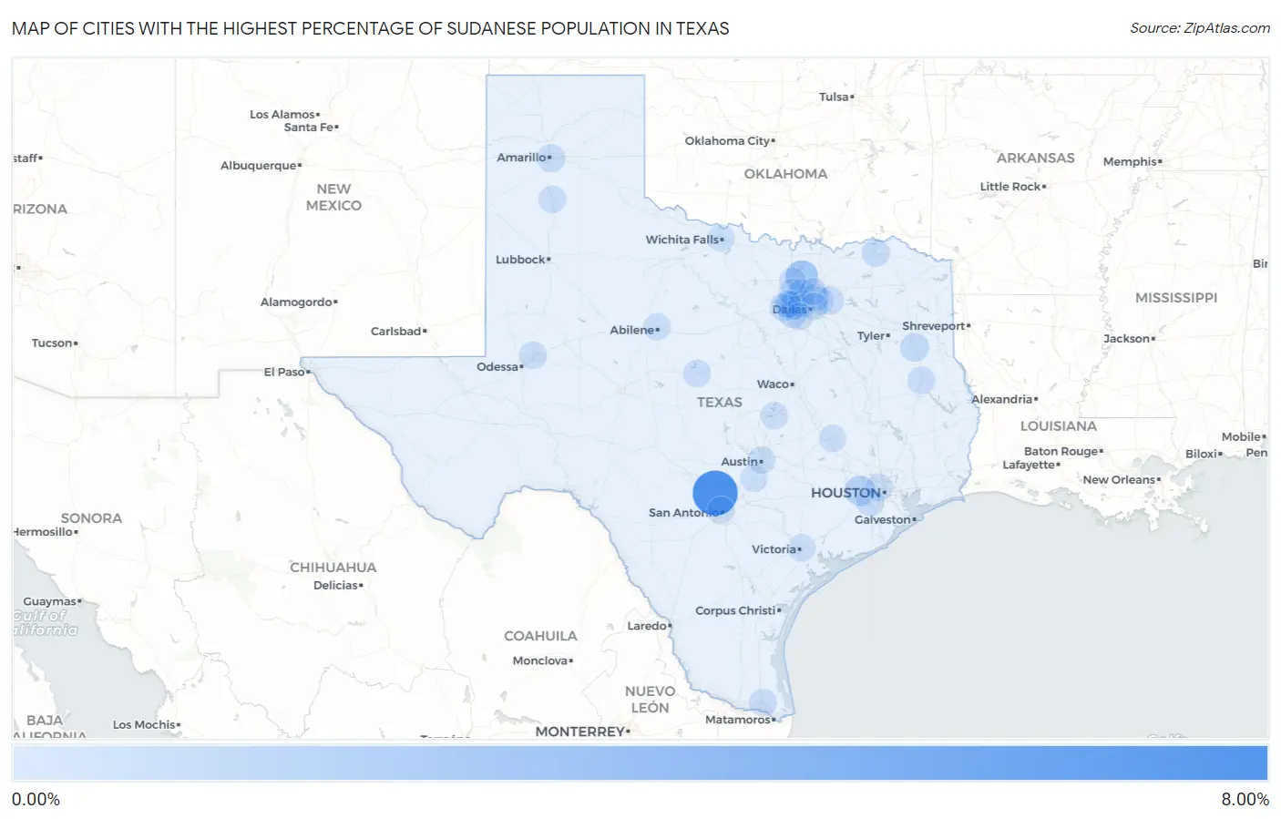 Cities with the Highest Percentage of Sudanese Population in Texas Map