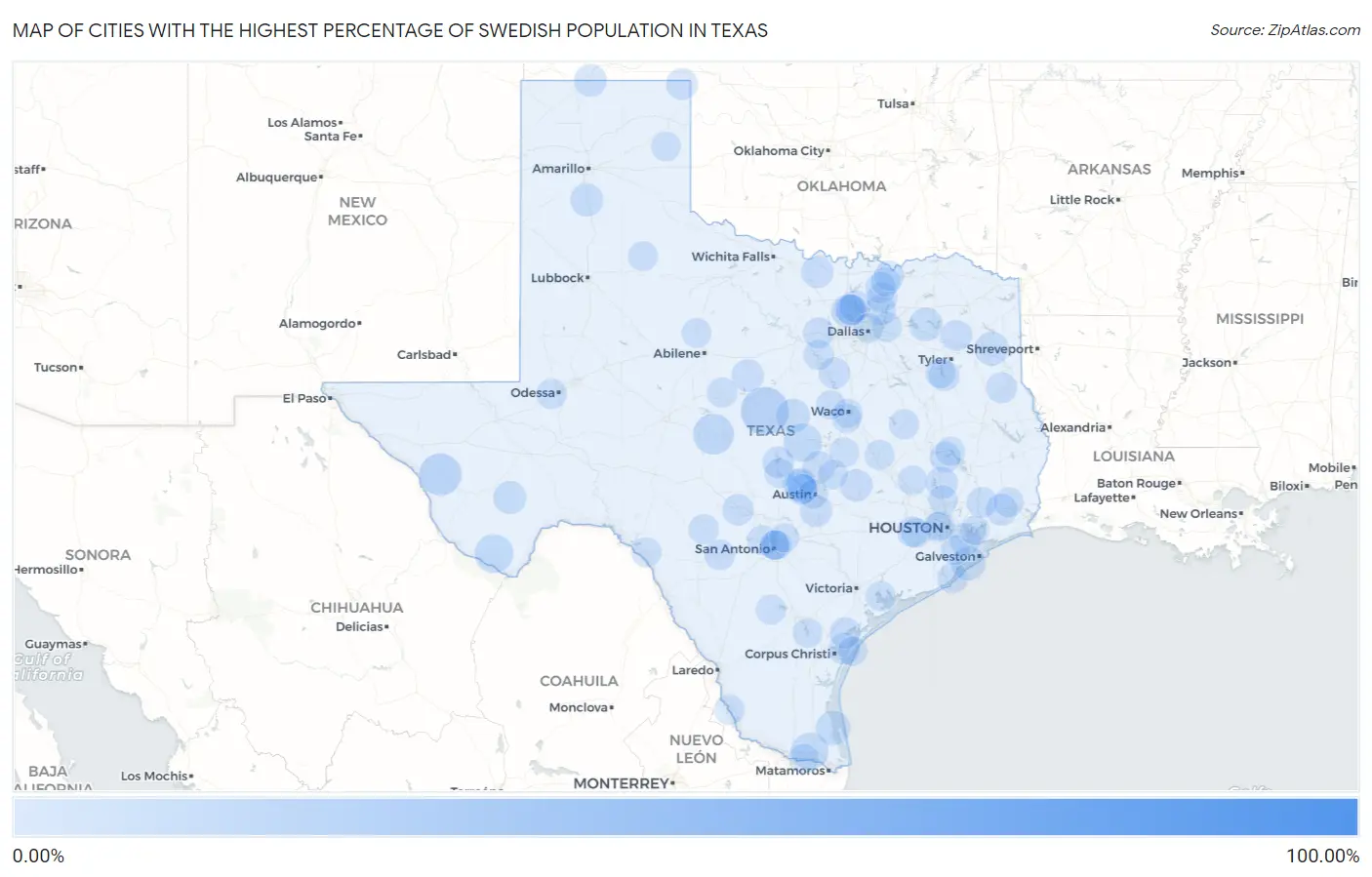 Cities with the Highest Percentage of Swedish Population in Texas Map