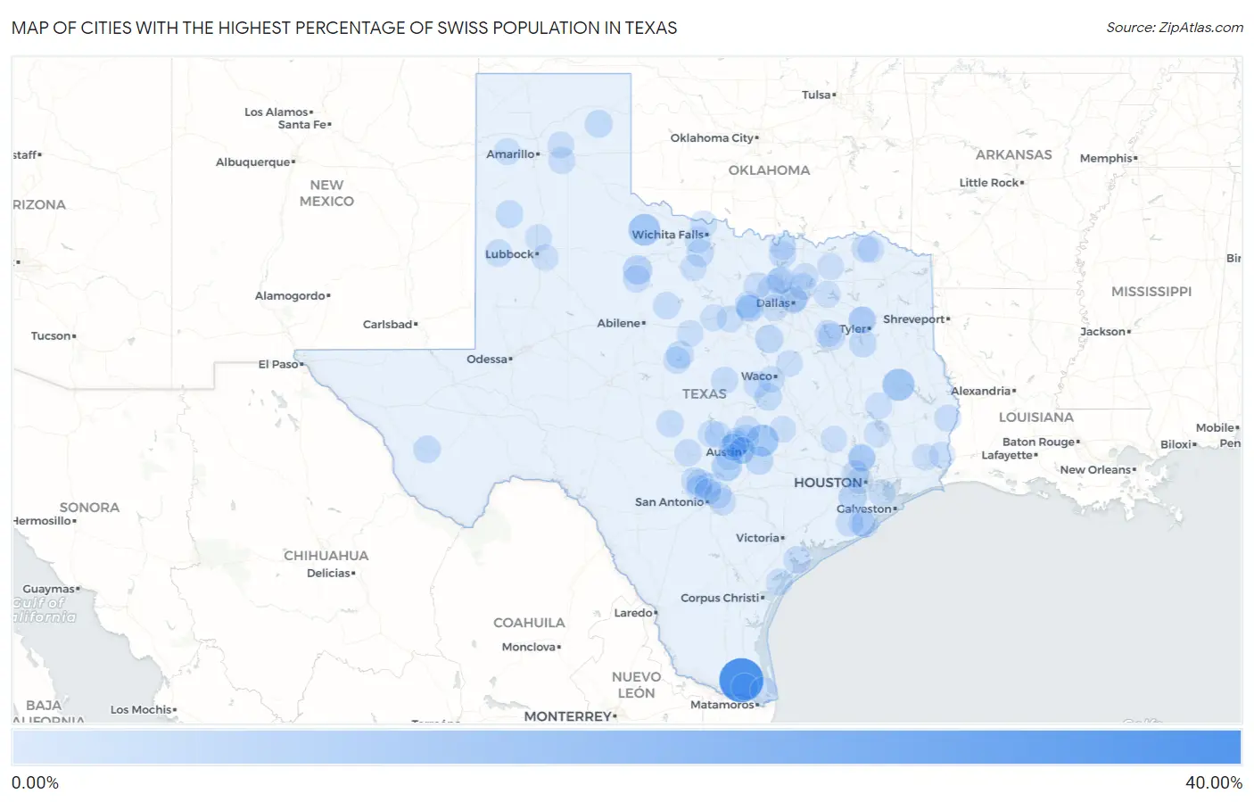 Cities with the Highest Percentage of Swiss Population in Texas Map