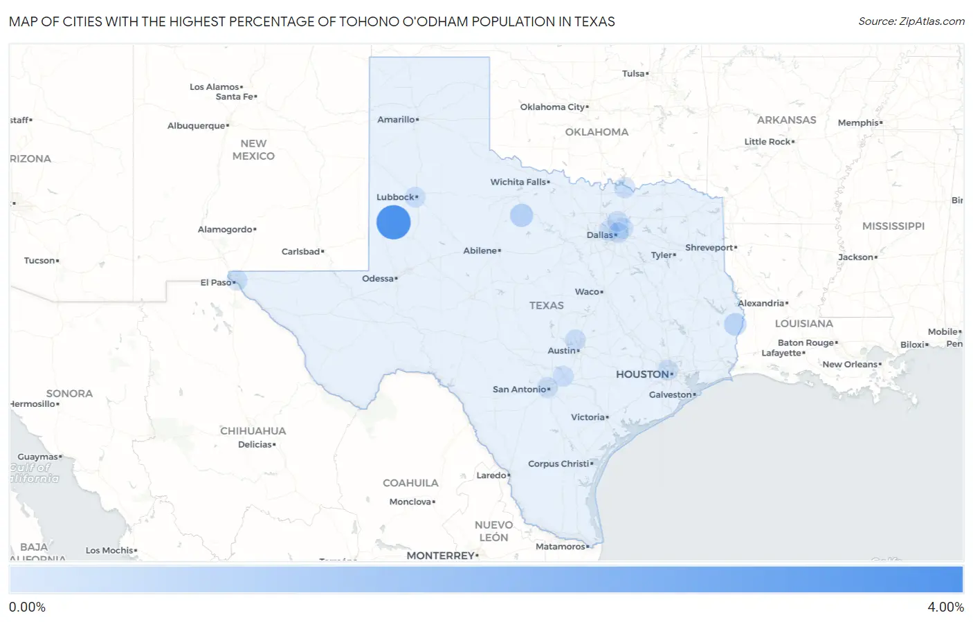 Cities with the Highest Percentage of Tohono O'Odham Population in Texas Map