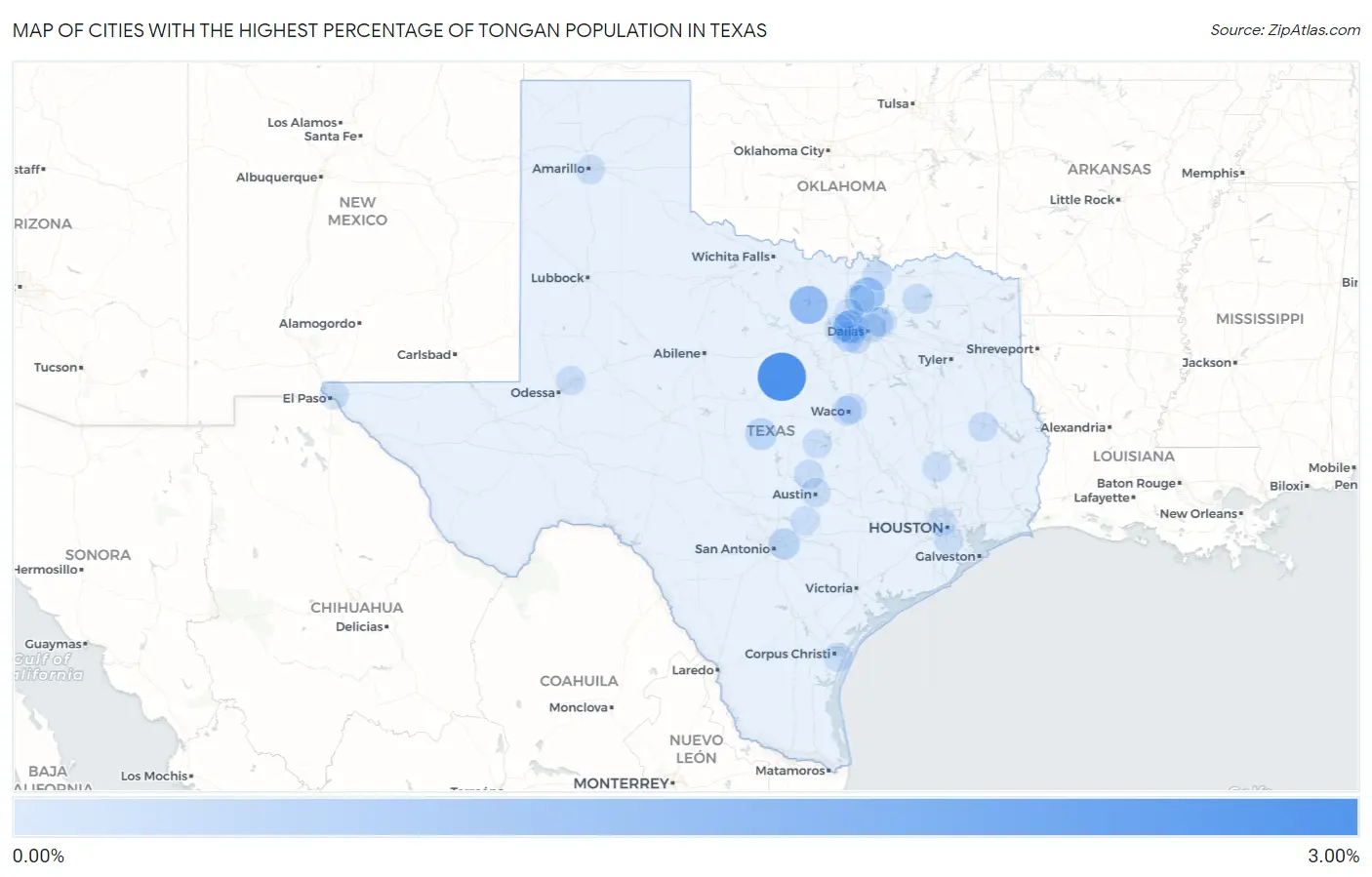 Cities with the Highest Percentage of Tongan Population in Texas Map