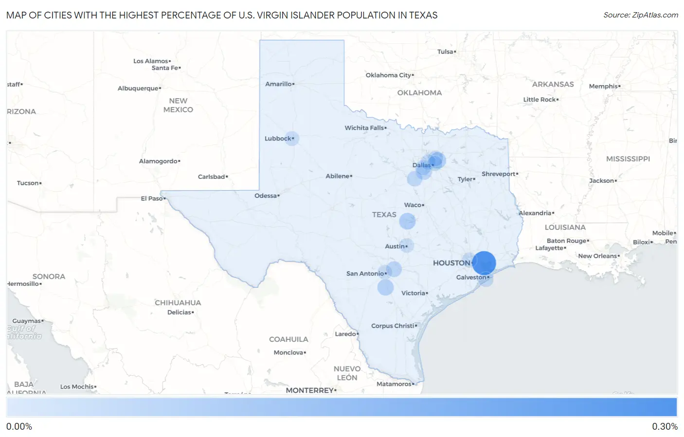 Cities with the Highest Percentage of U.S. Virgin Islander Population in Texas Map